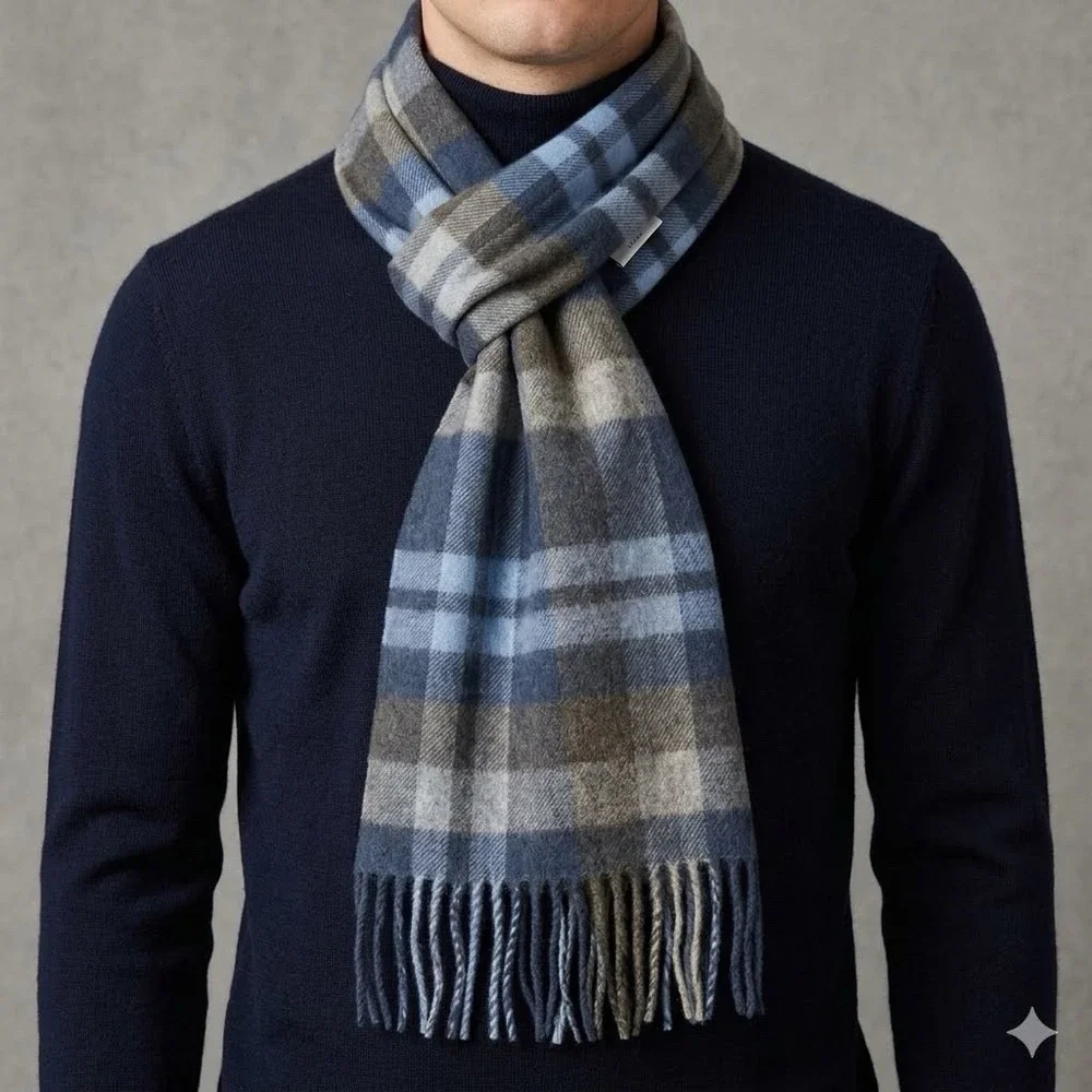 Jos. A Bank 100% Cashmere Scarf Plaid Blue 5-ft